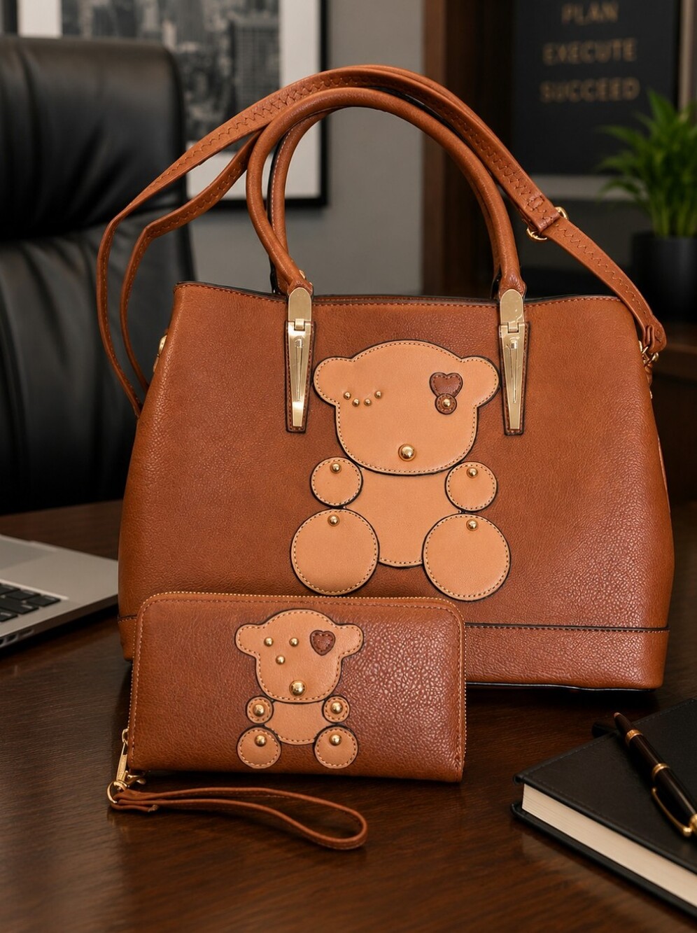 NWT Darling Vegan Leather Winking Teddy Bear Satchel Crossbody Bag & Wallet Set